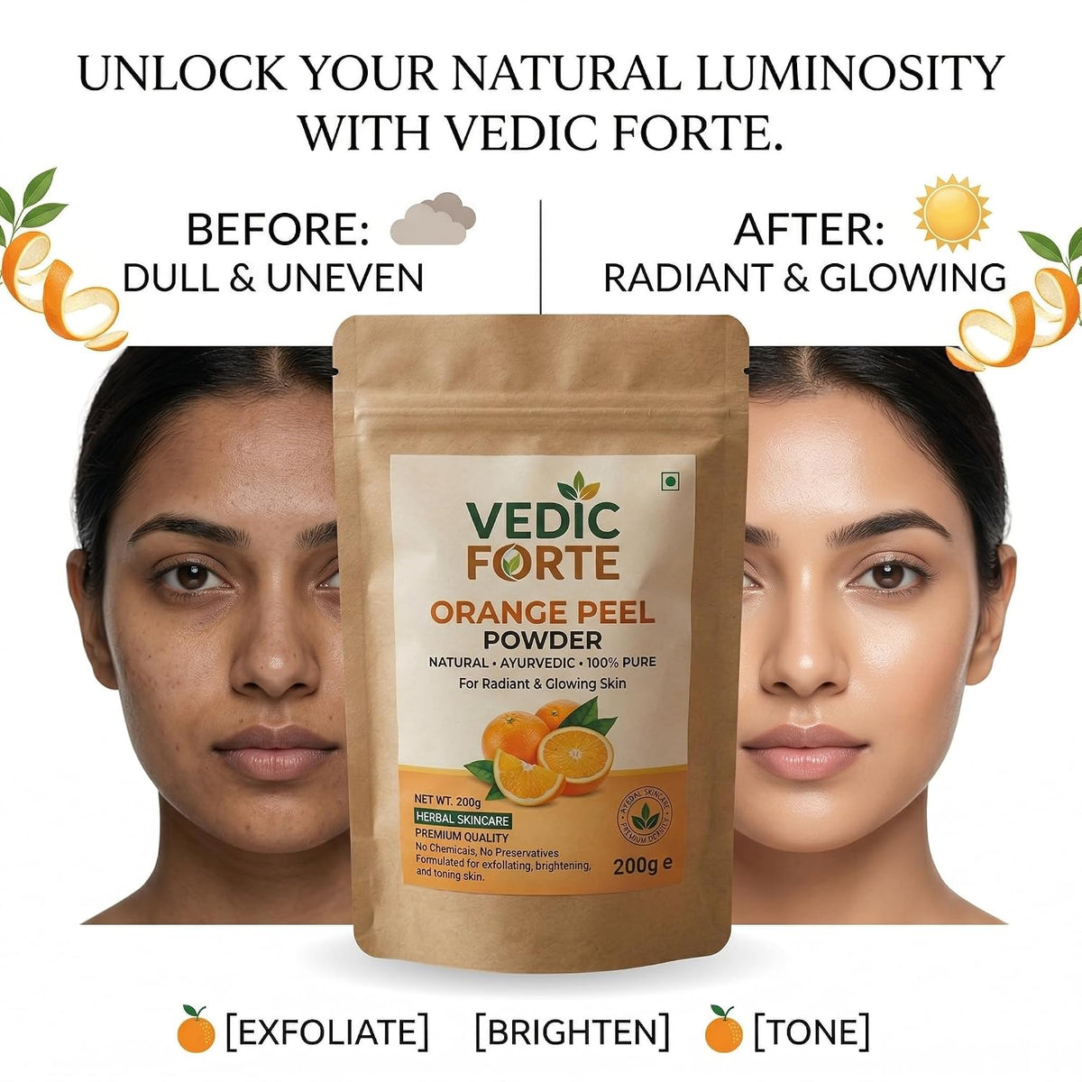 VEDICFORTE Orange Peel Powder – 100% Pure Ayurvedic Herbal Skincare for Exfoliation & Glowing Skin (200g)